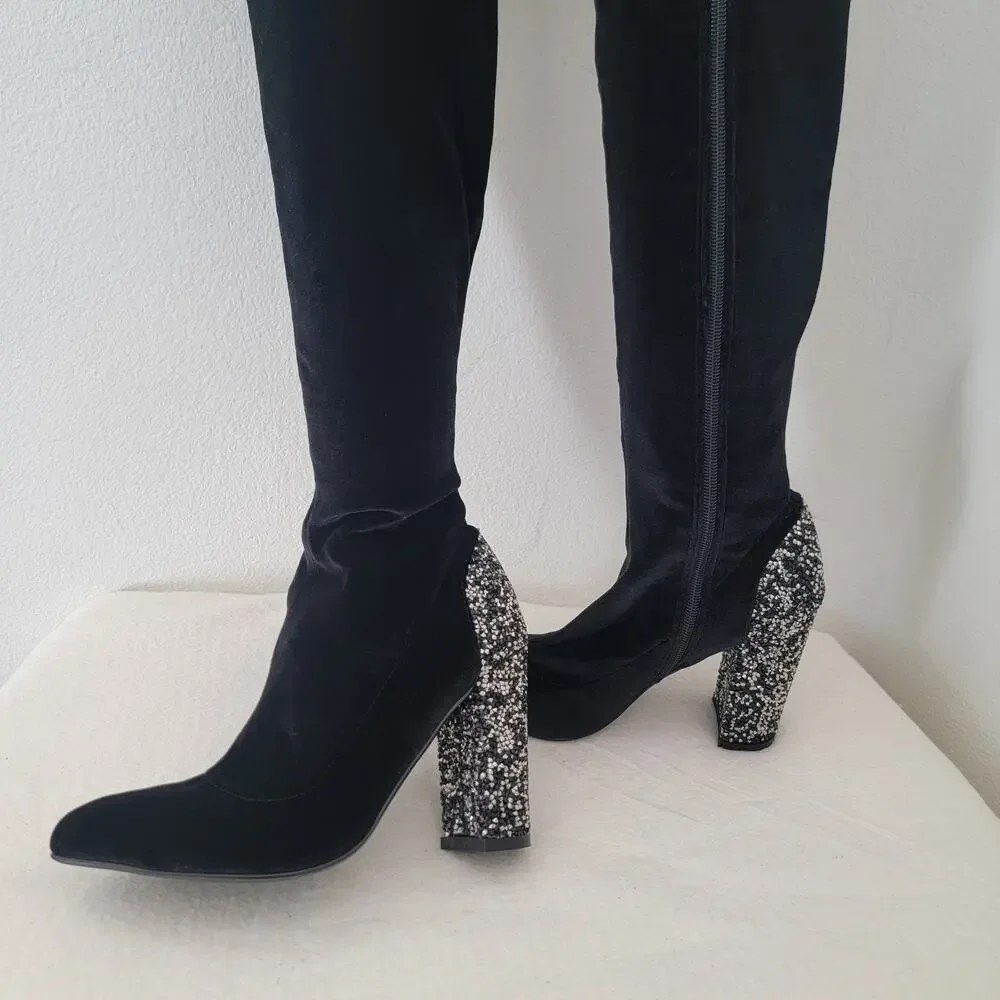 Over the‎ Knee Boot Zip Glittery Block Heel Velvet Sz 7 Whimsygoth Party Concert